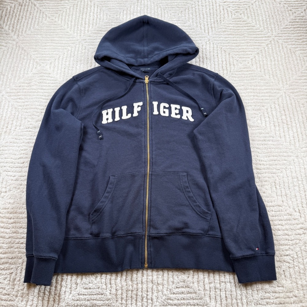 Tommy Hilfiger Full Zip Hoodie Boys XL Blue Spell Out Sweatshirt Preppy Youth